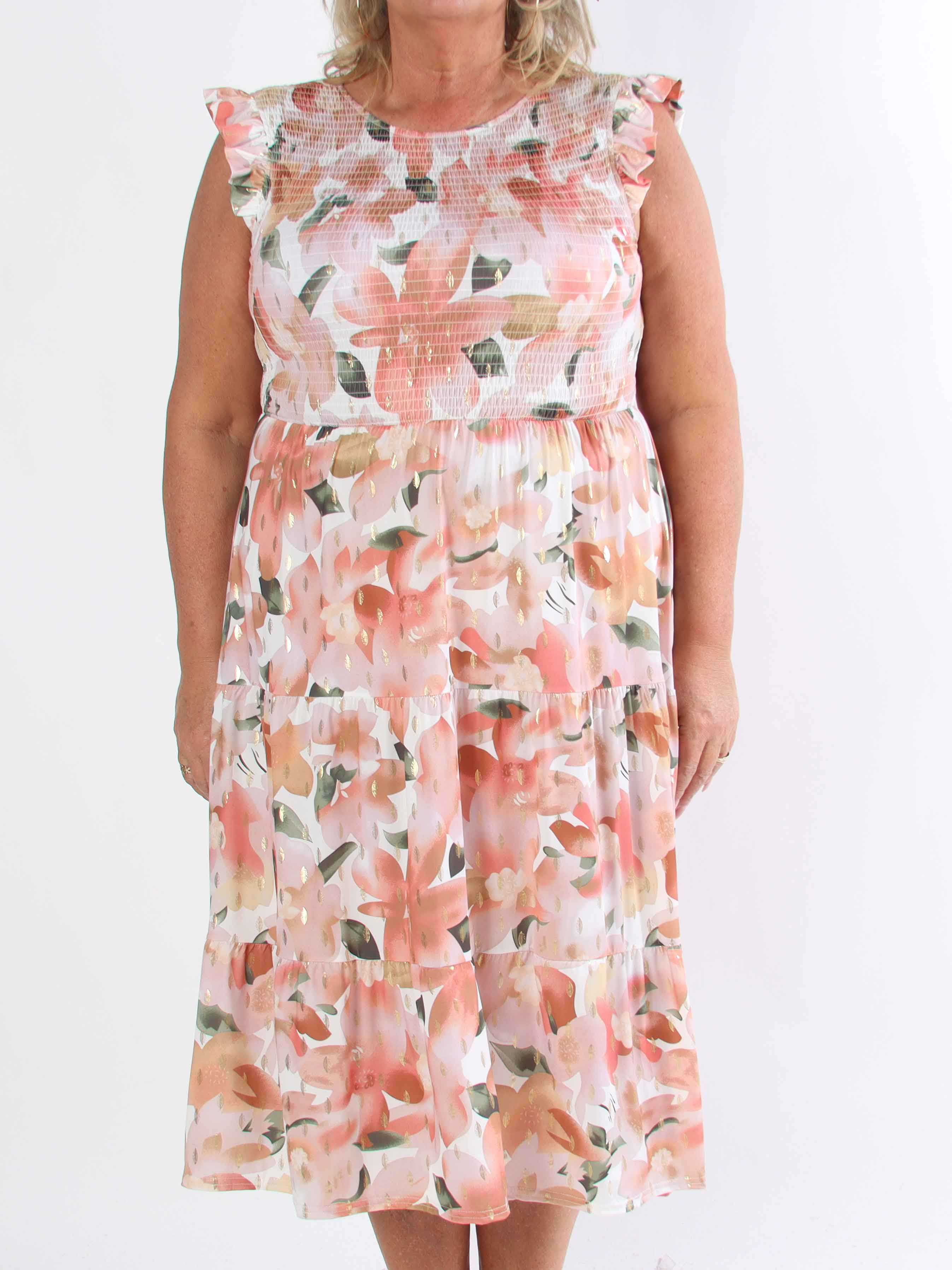 Kelly Floral Sleeveless - Blommig plus size-klänning med smockat bröst